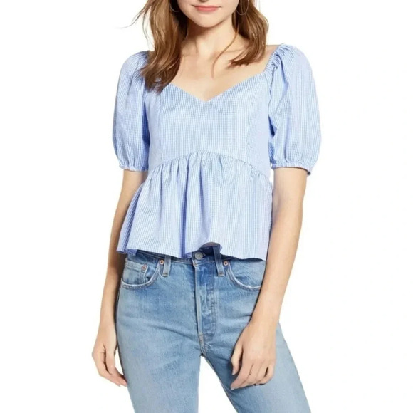 English Factory Tops - Nordstrom, English Factory New Blue Gingham Peplum Puff Sleeve Top Size Small